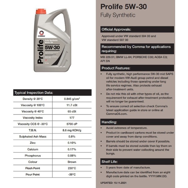 Фото - Олива для авто COMMA PROLIFE 5W-30 60л (PRO60L)