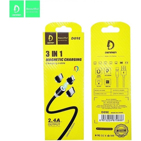 Фото - Кабель Denmen D09E 3в1 Lightning Type-C Micro-USB Black (DN-D09E-BK)