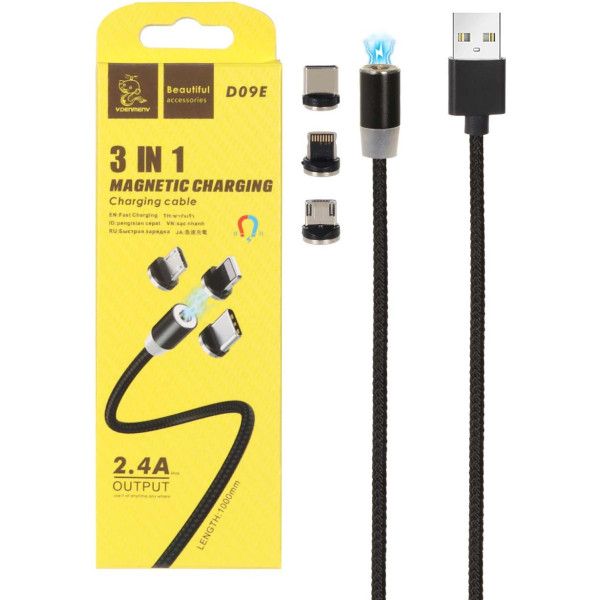 Фото - Кабель Denmen D09E 3в1 Lightning Type-C Micro-USB Black (DN-D09E-BK)
