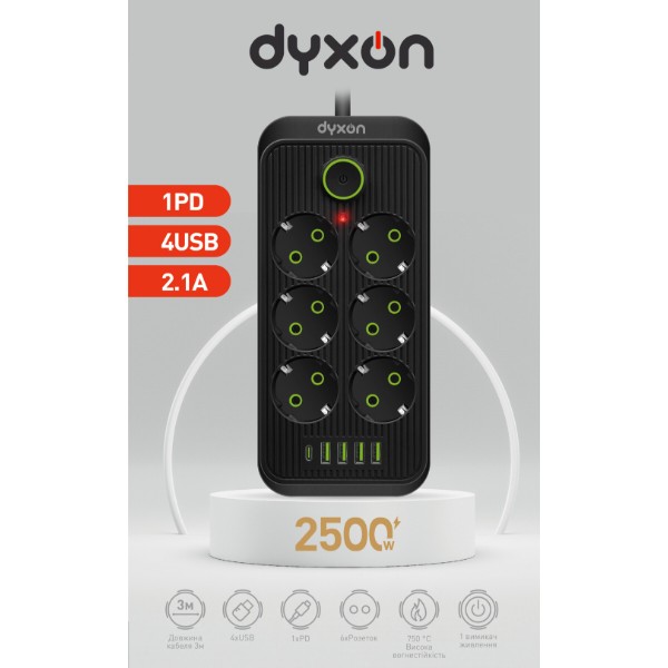 Фото - Сетевой фильтр Dyxon 6+5 USB-A + USB-C (PD) Power switch 3m Black (DXN-3M-MFP-65PD-B)