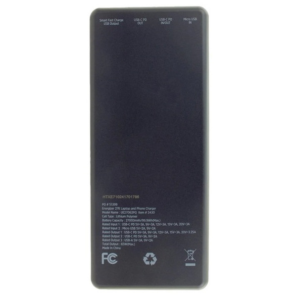 Фото - Батарея мобільна Energizer 27000 mAh Li-pol PD65W for laptop (UE27062PQ)