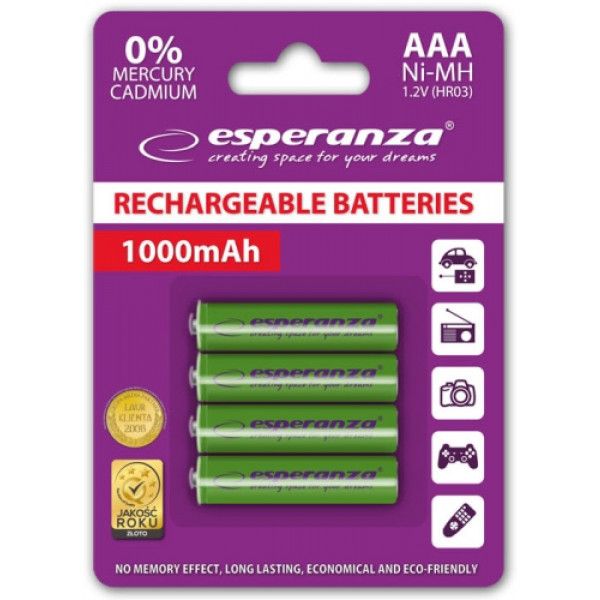 Фото - Акумулятор тип AAA Esperanza Ni-MH AAA 1000 mAh 4 шт. Green (EZA102G)