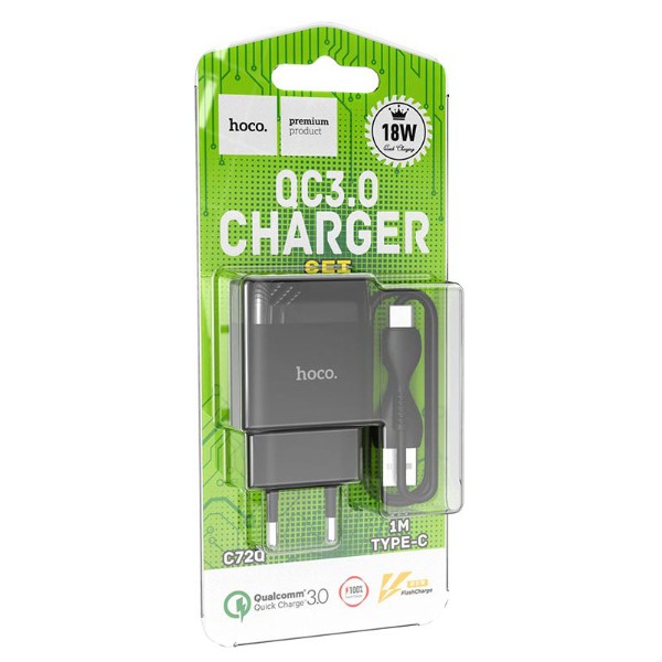 Фото - Мережевий зарядний пристрій HOCO C72Q QC3.0 charger set(Type-C) 18W Black (6931474732545)