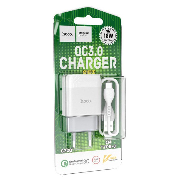 Фото - Мережевий зарядний пристрій HOCO C72Q QC3.0 charger set(Type-C) 18W White (6931474732552)