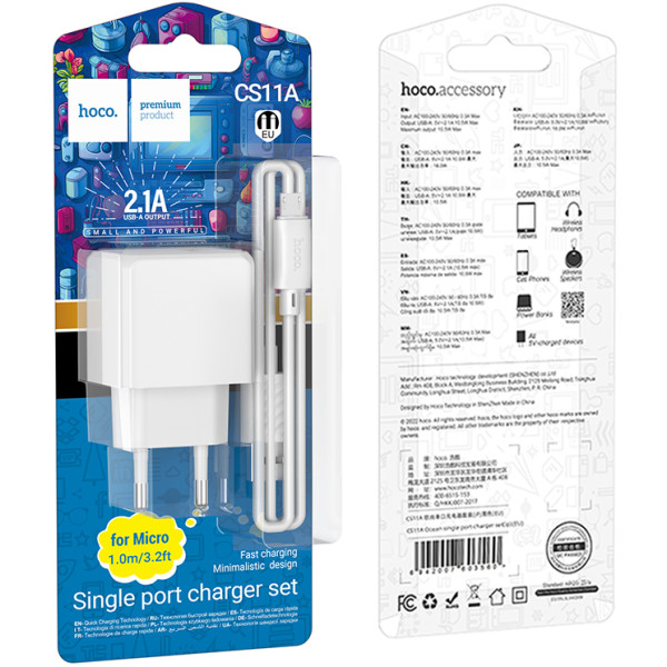 Фото - Сетевое зарядное устройство HOCO CS11A Ocean single port charger set(Micro) White (6942007603591)