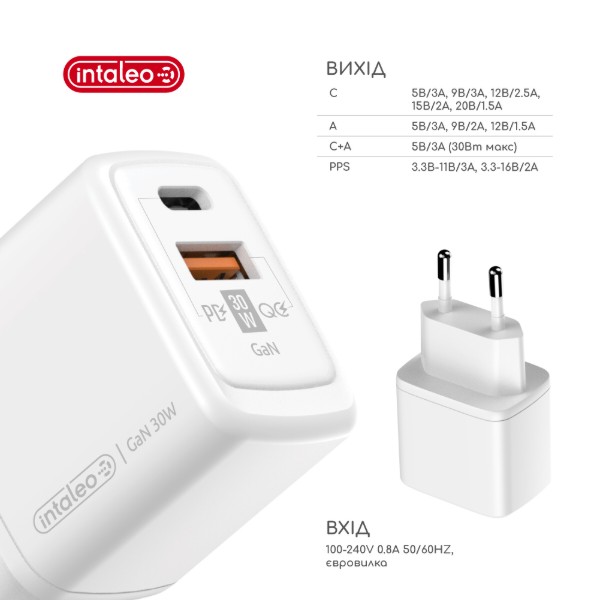 Фото - Мережевий зарядний пристрій Intaleo 30W GAN USB-C PD+USB-A QC 3.0 TCG30GAN (1283126578274)
