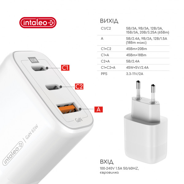 Фото - Мережевий зарядний пристрій Intaleo 65W GAN 2USB-C PD+USB-A QC 3.0 TCG65GAN (1283126559525)