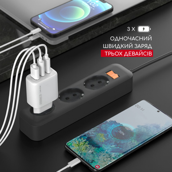 Фото - Мережевий зарядний пристрій Intaleo 65W GAN 2USB-C PD+USB-A QC 3.0 TCG65GAN (1283126559525)