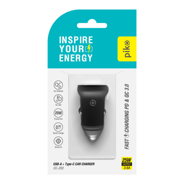 Фото - Автомобільний зарядний пристрій Piko 25W USB-A+USB-C QC+PD (CC-252) чорний (1283126620171)