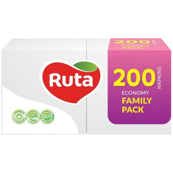 Фото - Серветки паперові Ruta 1 слой 24х24 см 200 шт. Белые Family Pack (4820023743724)