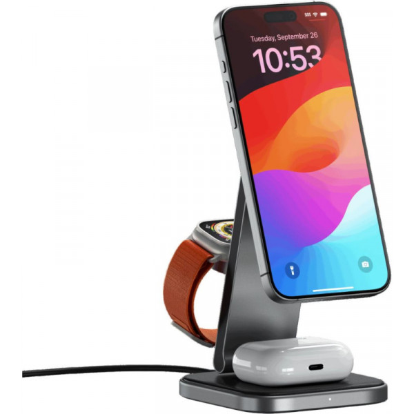 Фото - Бездротовий зарядний пристрій Satechi 3-in-1 Foldable Qi2 Wireless Charging Stand Space Gray (ST-Q31FM-EA)
