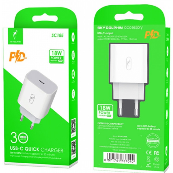 Фото - Мережевий зарядний пристрій SkyDolphin SC18E PD2.0 1USB-С, 3A White (SDMZP-000155)