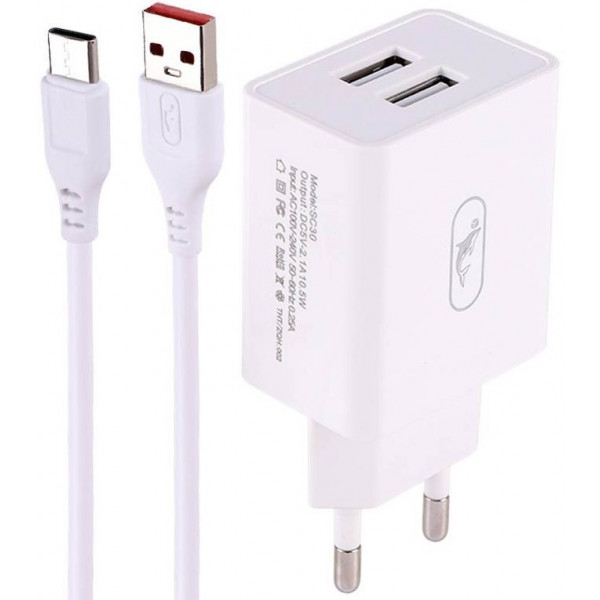 Фото - Мережевий зарядний пристрій SkyDolphin SC30T 2USB, 2.1A White (SDMZP-000113) + кабель Type-C