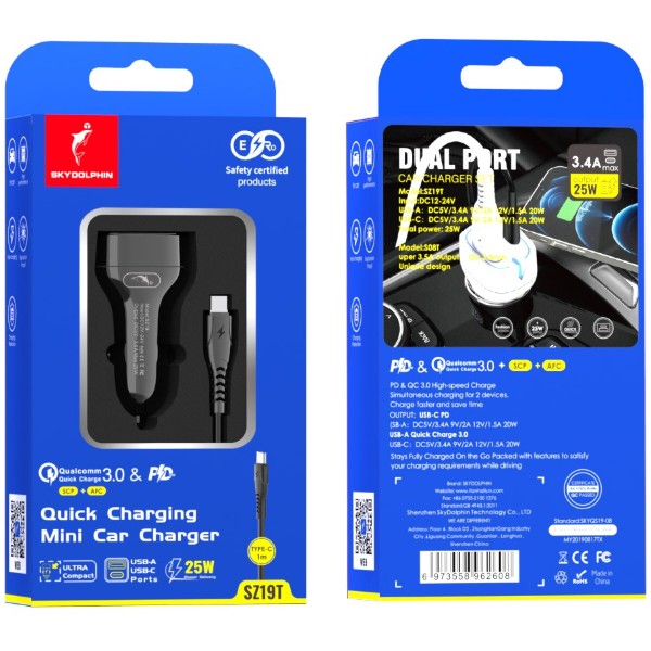 Фото - Автомобильное зарядное устройство SkyDolphin SZ19T PD 20W+QC3.0 20W Black (SDAZP-000104)+кабель Type-C