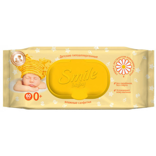 Фото - Салфетки влажные для детей Smile Baby с экстрактом ромашки и алоэ с клапаном 60 шт.