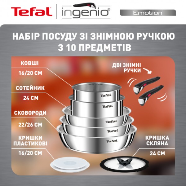 Фото - Набір посуду зі знімною ручкою Tefal L897SA74 Ingenio Emotion 10 пр