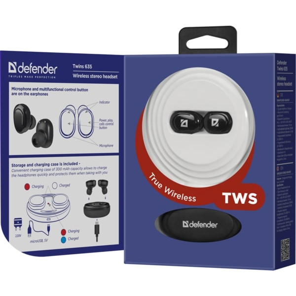 Фото - Навушники вкладиші бездротові TWS Defender Twins 635 TWS Bluetooth Black (63635)