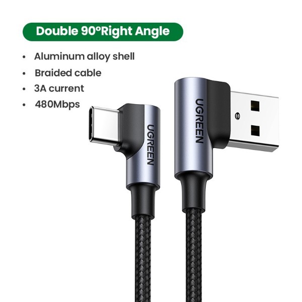 Фото - Кабель UGREEN US176 Angled USB 2.0 to Angled USB Type-C 2m Black (20857)