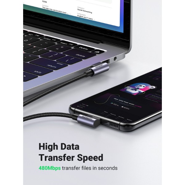 Фото - Кабель UGREEN US176 Angled USB 2.0 to Angled USB Type-C 2m Black (20857)