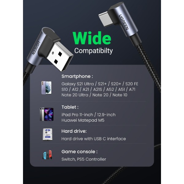 Фото - Кабель UGREEN US176 Angled USB 2.0 to Angled USB Type-C 2m Black (20857)