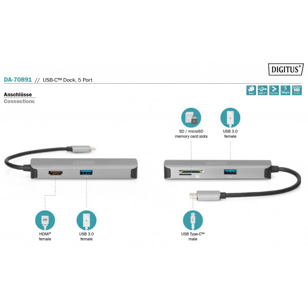 Фото - Хаб USB Digitus USB-C > HDMI/2xUSB-A/SD/MicroSD (DA-70891)