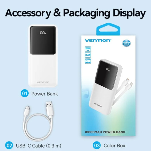 Фото - Батарея мобільна Vention 10000mAh 22.5W 3A PD Micro-USB,USB-C,2xUSB-A Built-in USB-C+Lightning Cables White (FHOW0)