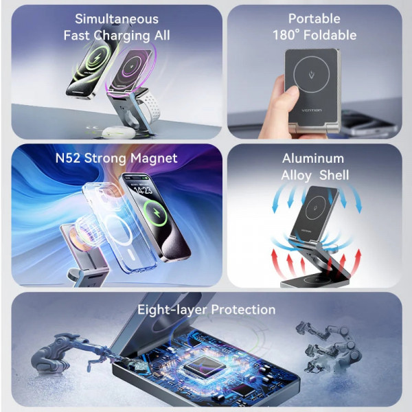 Фото - Беспроводное зарядное устройство Vention 15W 3-in-1 Magnetic Wireless Fast Charger Gray (FGFH0)
