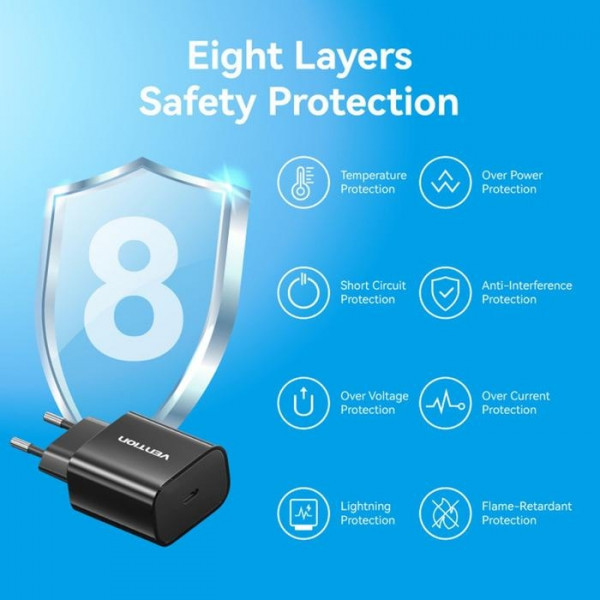 Фото - Сетевое зарядное устройство Vention 1xUSB-C 20W + USB-C cable М-М Black (G16B0-EU)