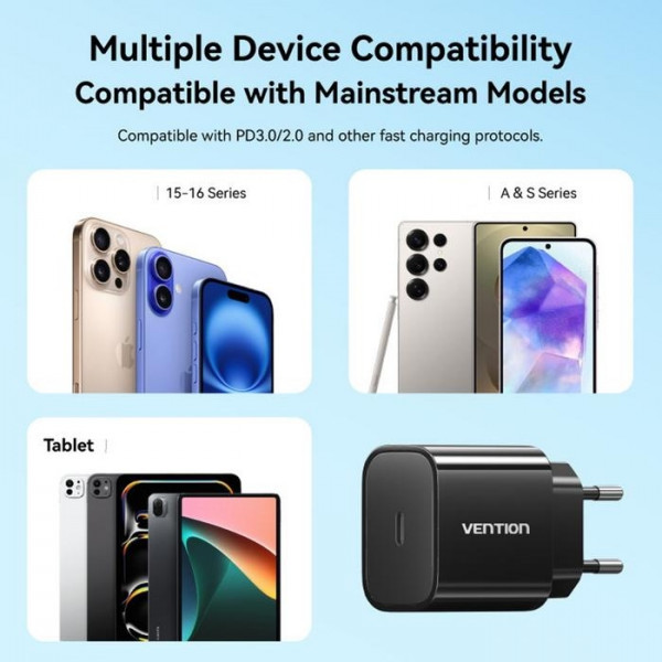 Фото - Сетевое зарядное устройство Vention 1xUSB-C 20W + USB-C cable М-М Black (G16B0-EU)