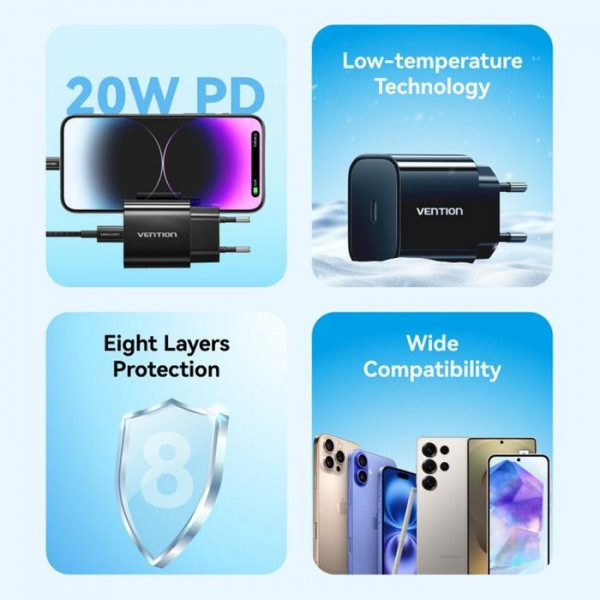 Фото - Сетевое зарядное устройство Vention 1xUSB-C 20W + USB-C cable М-М White (G16W0-EU)