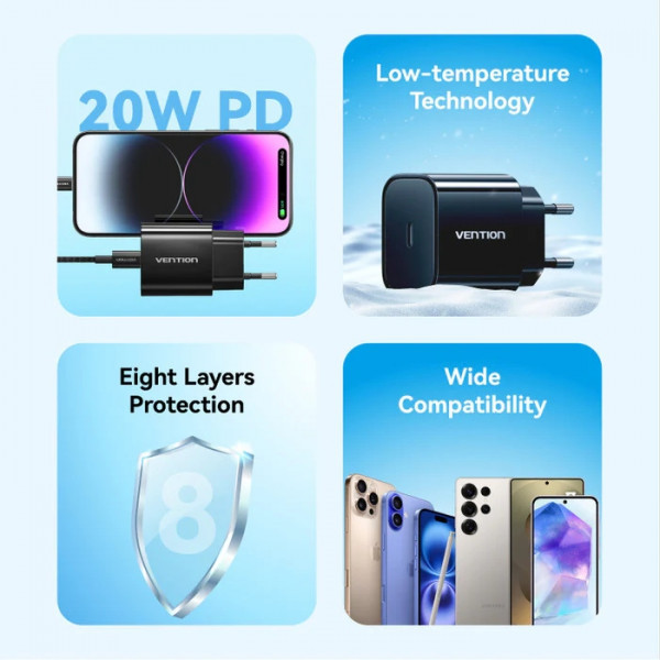 Фото - Сетевое зарядное устройство Vention 1xUSB-C 20W + USB-C to Lightning cable М-М Black (G17B0-EU)