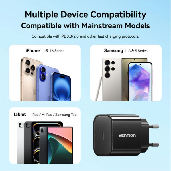 Фото - Сетевое зарядное устройство Vention 1xUSB-C 20W + USB-C to Lightning cable М-М Black (G17B0-EU)