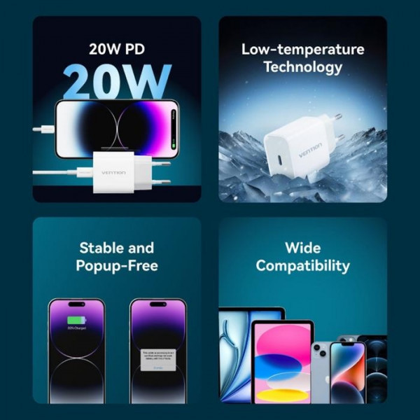 Фото - Сетевое зарядное устройство Vention 1xUSB-C 20W + USB-C to Lightning cable М-М White (G17W0-EU)