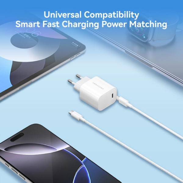 Фото - Сетевое зарядное устройство Vention 1xUSB-C 30W + USB-C cable М-М White (G18W0-EU)