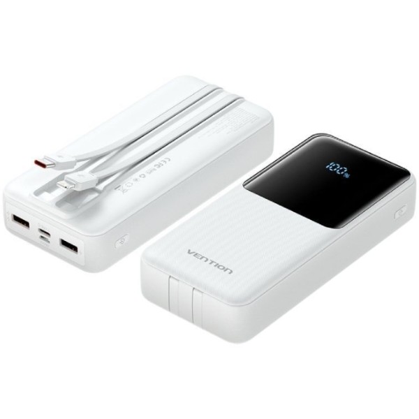 Фото - Батарея мобільна Vention 20000mAh 22.5W 3A PD Micro-USB,USB-C 2xUSB-A Built-in USB-C+Lightning Cables White (FHPW0)