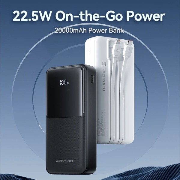 Фото - Батарея мобільна Vention 20000mAh 22.5W 3A PD Micro-USB,USB-C 2xUSB-A Built-in USB-C+Lightning Cables White (FHPW0)