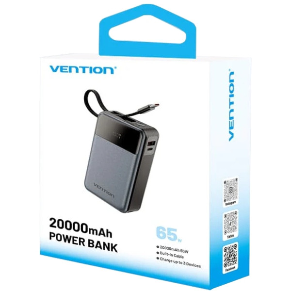 Фото - Батарея мобільна Vention 20000mAh 65W 3A PD QC3.0,USB-A 2хType-C OUT with Built-in USB-C Cable LED Display Black (FHYB0)