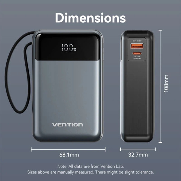 Фото - Батарея мобільна Vention 20000mAh 65W 3A PD QC3.0,USB-A 2хType-C OUT with Built-in USB-C Cable LED Display Black (FHYB0)
