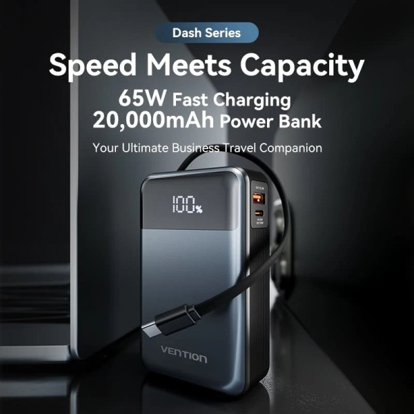 Фото - Батарея мобільна Vention 20000mAh 65W 3A PD QC3.0,USB-A 2хType-C OUT with Built-in USB-C Cable LED Display Black (FHYB0)