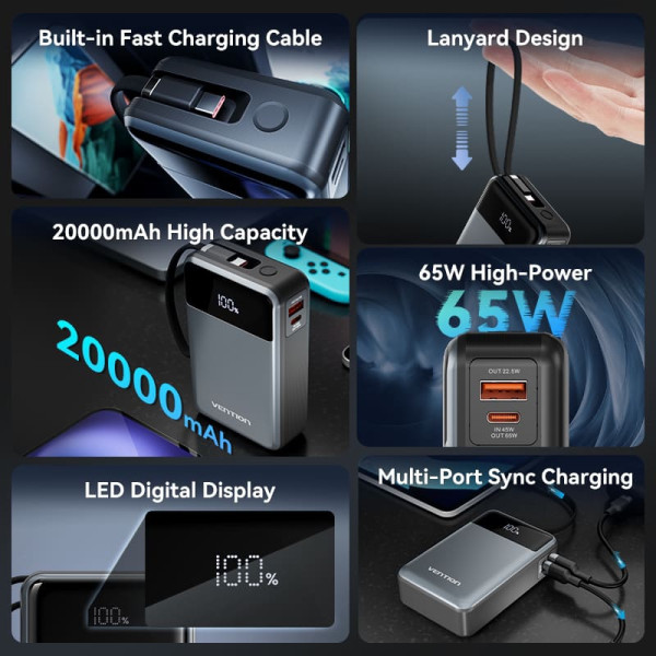 Фото - Батарея мобільна Vention 20000mAh 65W 3A PD QC3.0,USB-A 2хType-C OUT with Built-in USB-C Cable LED Display Black (FHYB0)