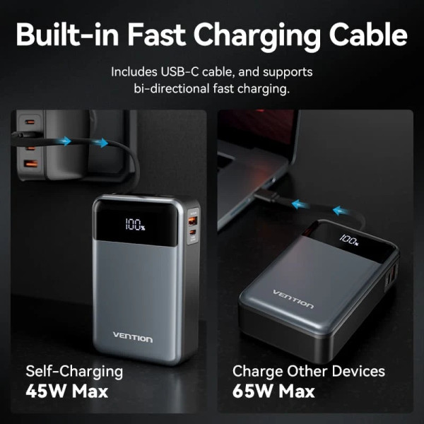 Фото - Батарея мобільна Vention 20000mAh 65W 3A PD QC3.0,USB-A 2хType-C OUT with Built-in USB-C Cable LED Display Black (FHYB0)