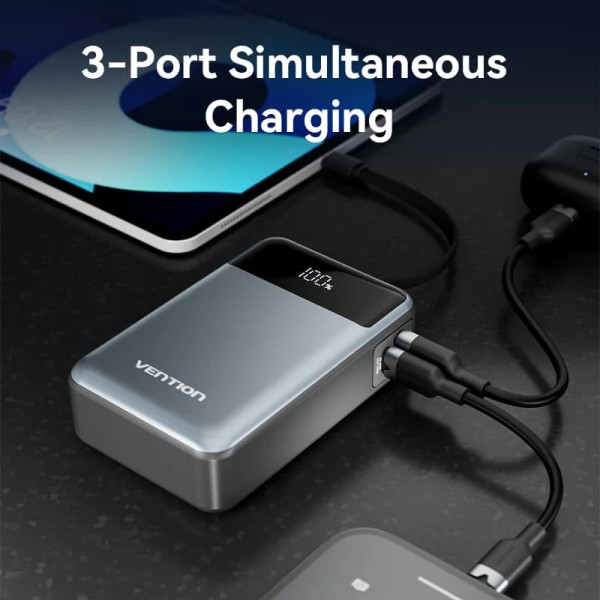 Фото - Батарея мобільна Vention 20000mAh 65W 3A PD QC3.0,USB-A 2хType-C OUT with Built-in USB-C Cable LED Display Black (FHYB0)
