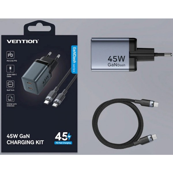 Фото - Сетевое зарядное устройство Vention 2xUSB-C 45W PD3.0/QC/GaN + USB-C cable М-М (TZ-FCDH0-EU)
