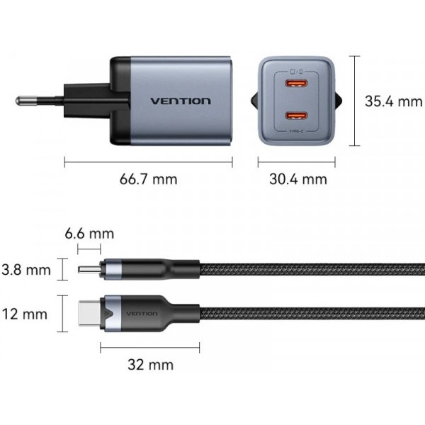 Фото - Сетевое зарядное устройство Vention 2xUSB-C 45W PD3.0/QC/GaN + USB-C cable М-М (TZ-FCDH0-EU)