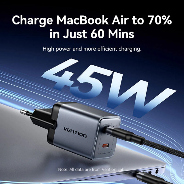 Фото - Сетевое зарядное устройство Vention 2xUSB-C 45W PD3.0/QC/GaN + USB-C cable М-М (TZ-FCDH0-EU)