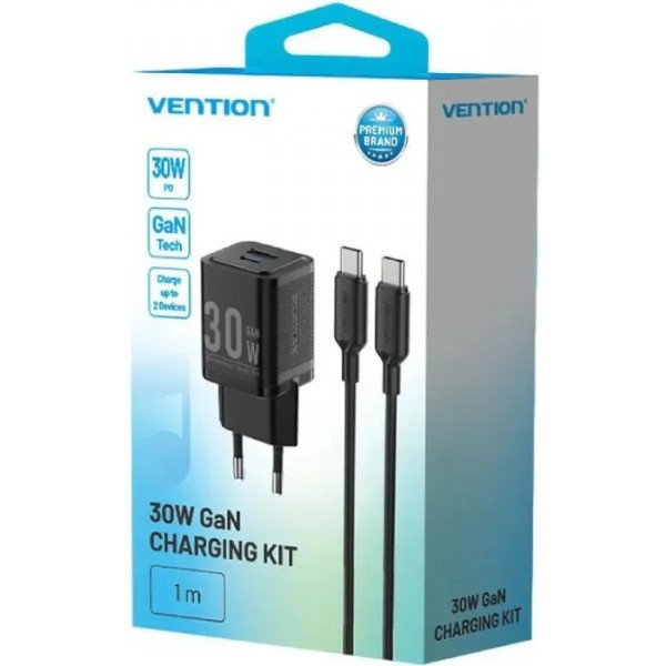 Фото - Сетевое зарядное устройство Vention 2xUSB 30W (USB-A/USB-C) + USB-C cable М-М Black (TZ-FEQB0-EU-01)