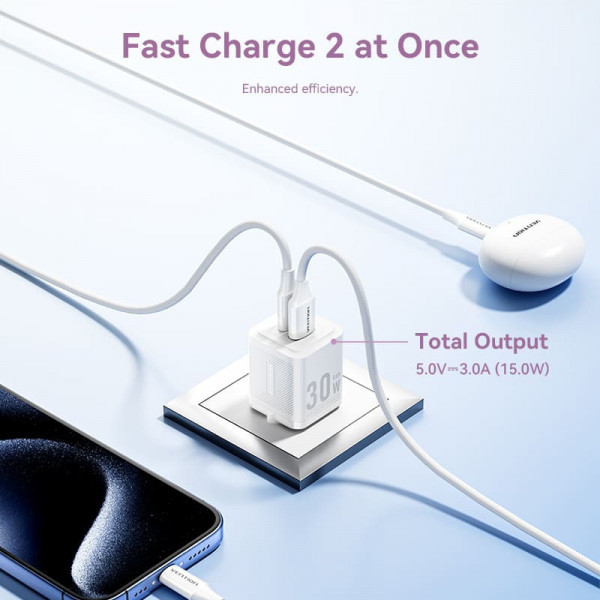 Фото - Сетевое зарядное устройство Vention 2xUSB 30W (USB-A/USB-C) + USB-C cable М-М White (TZ-FEQW0-EU-01)