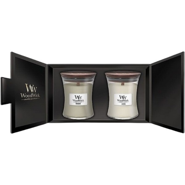 Фото - Набір свічок Woodwick Medium Fireside & Linen (Камін та Лён) 2шт (1699065E)
