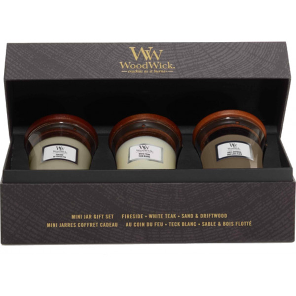 Фото - Набір свічок Woodwick mini Fireside, White Teak, Sand & Driftwoodb(Камін, Білий сандал, Пісок та коряги) 3шт (1741952E)