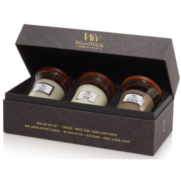 Фото - Набір свічок Woodwick mini Fireside, White Teak, Sand & Driftwoodb(Камін, Білий сандал, Пісок та коряги) 3шт (1741952E)